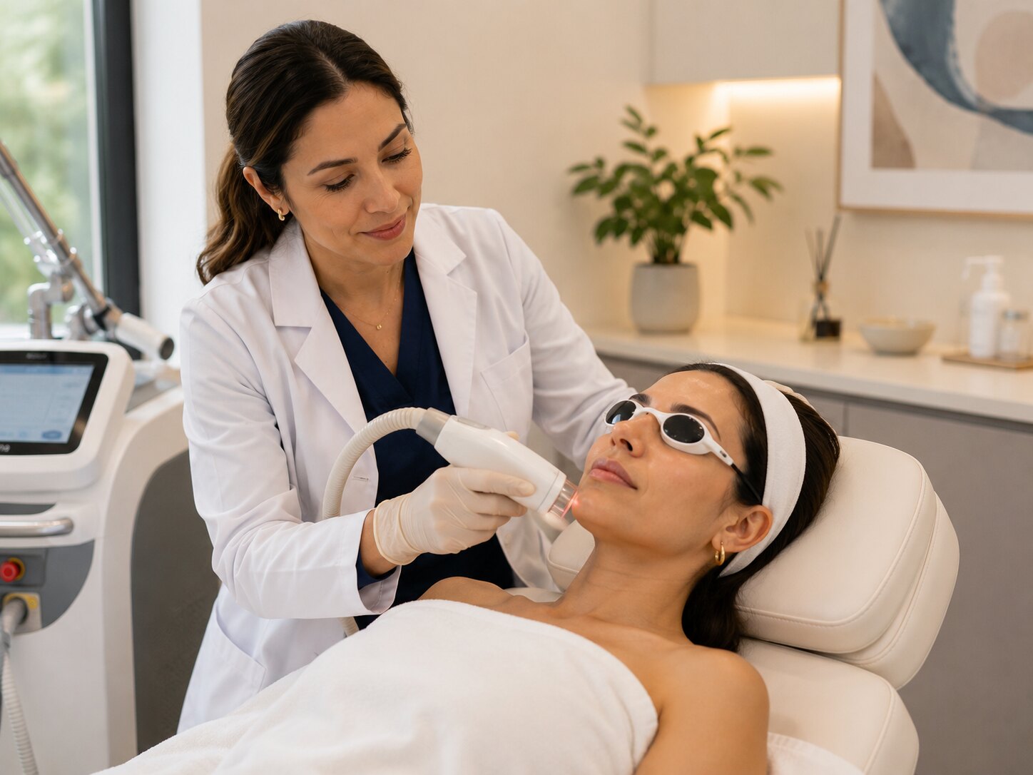 Tratamiento facial médico-estético con láser en COLPOMED, con la paciente protegida con gafas