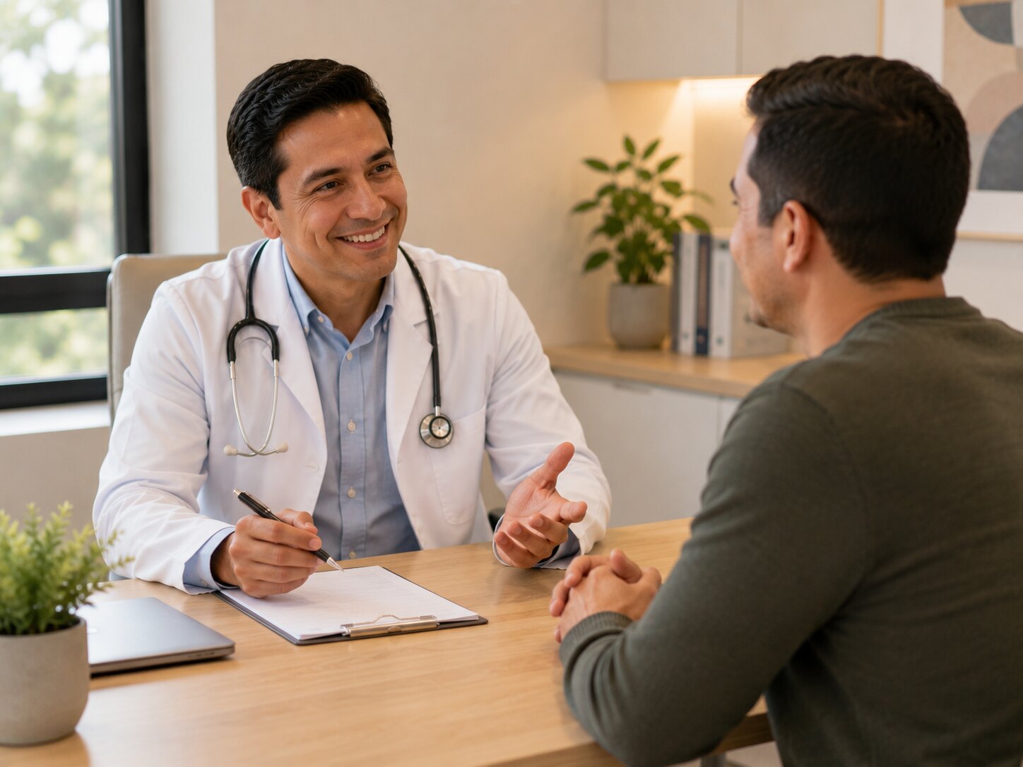 Médico general de COLPOMED conversando con un paciente en una consulta de primer contacto
