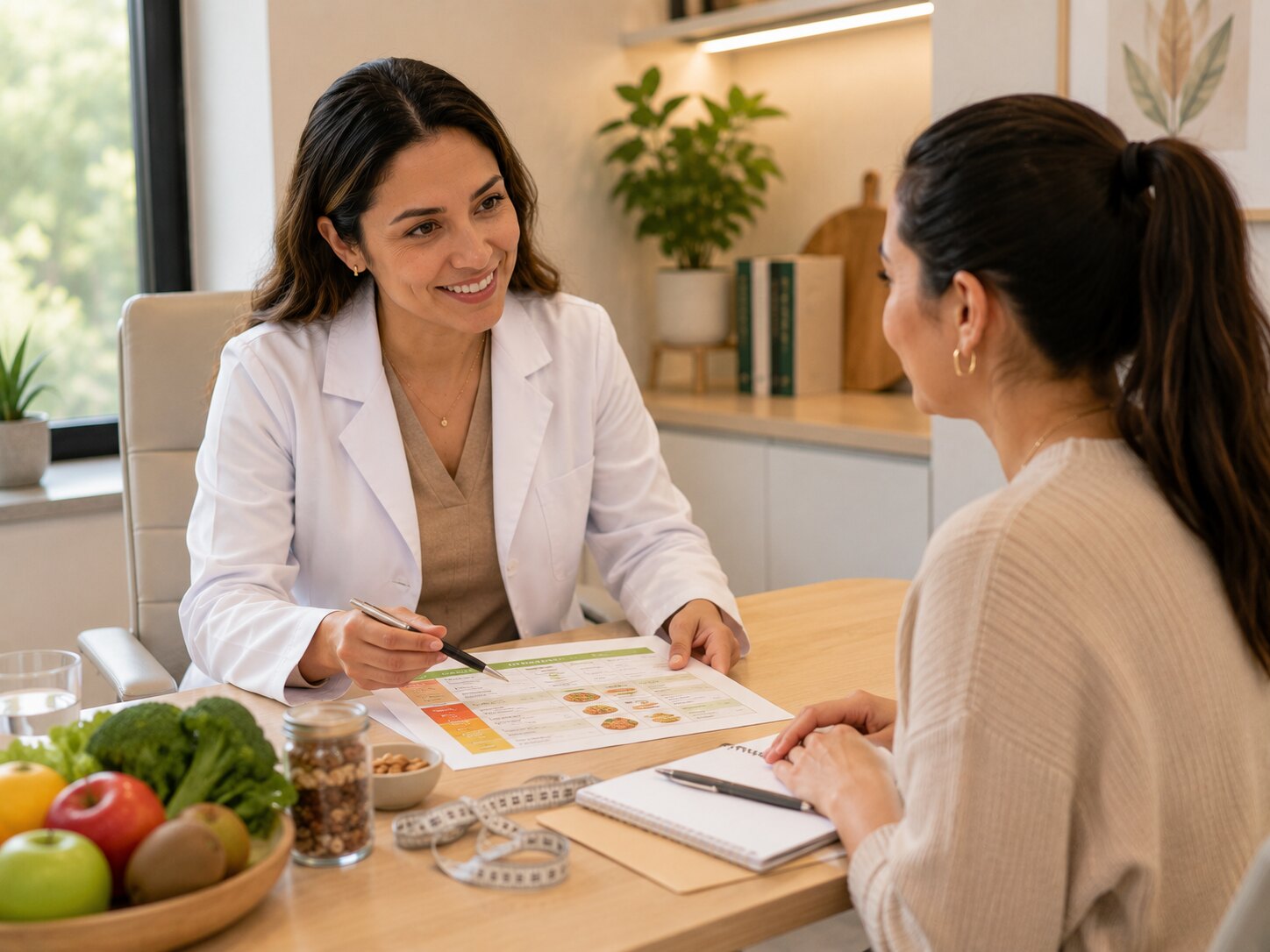 Nutricionista clínica de COLPOMED revisando un plan de alimentación con una paciente, con frutas y verduras frescas en la mesa