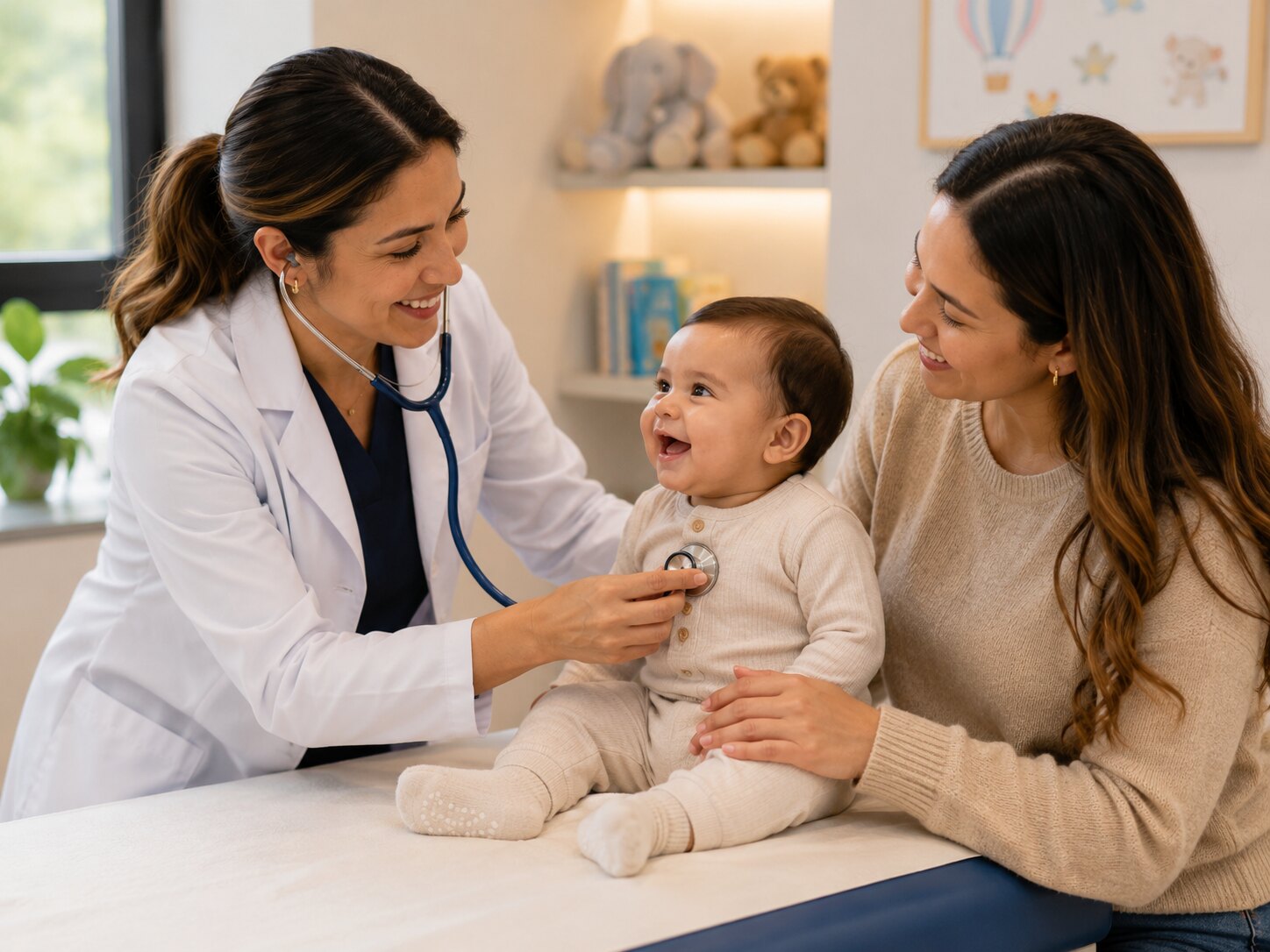 Pediatra de COLPOMED auscultando a un bebé sonriente junto a su madre en el control del niño sano