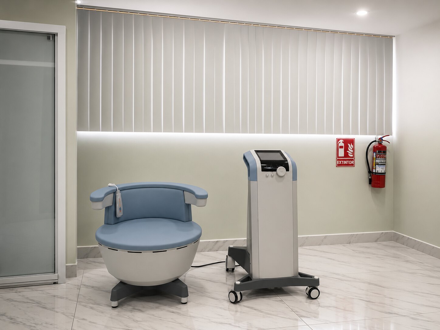Silla HIFEM y unidad de control para rehabilitación del piso pélvico en COLPOMED